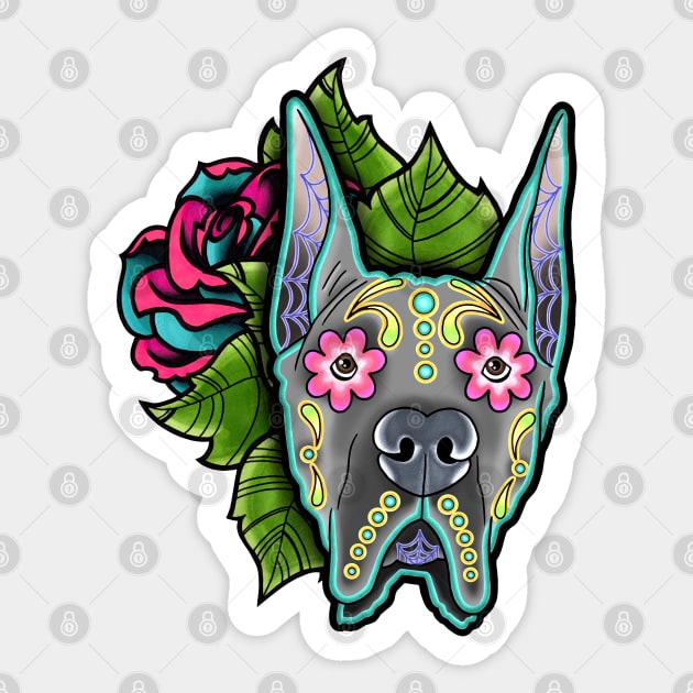 Great Dane - Cropped Ear Edition - Day of the Dead Sugar Skull Dog Sticker by prettyinink